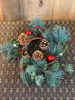 Red Bells, Berries & Pine Cones Candle Ring 4.5"